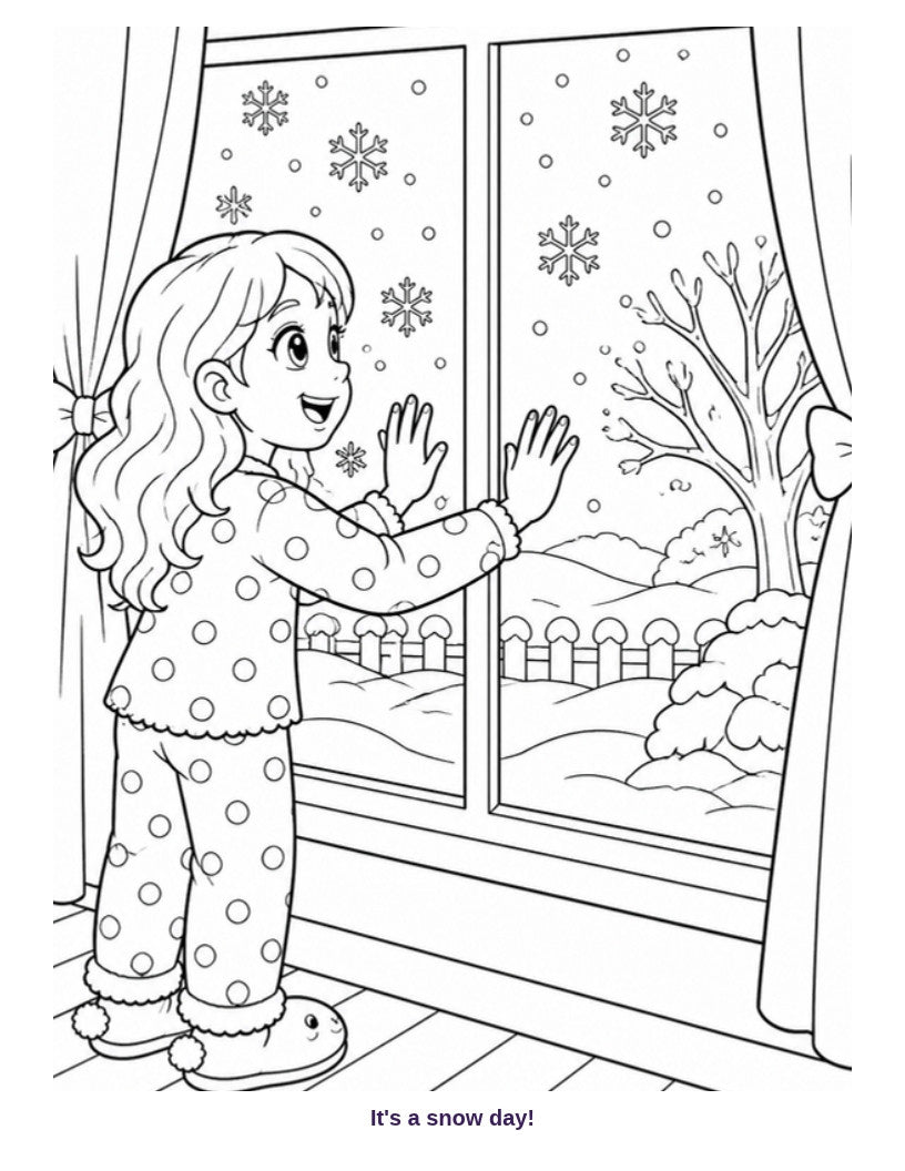 Coloring page: girl watching snow at the window