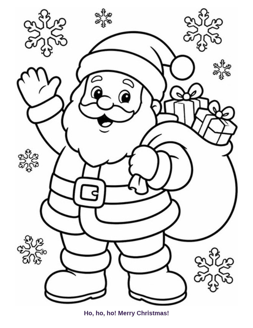 Coloring page: Santa waving with a sack of presents