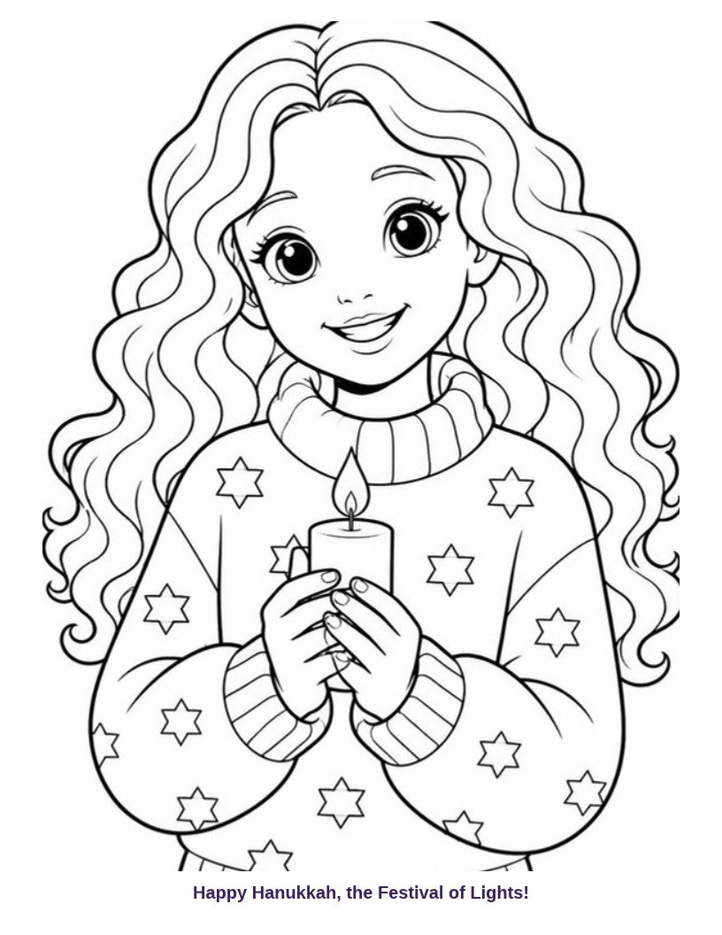 Coloring page: girl holding a Hanukkah candle
