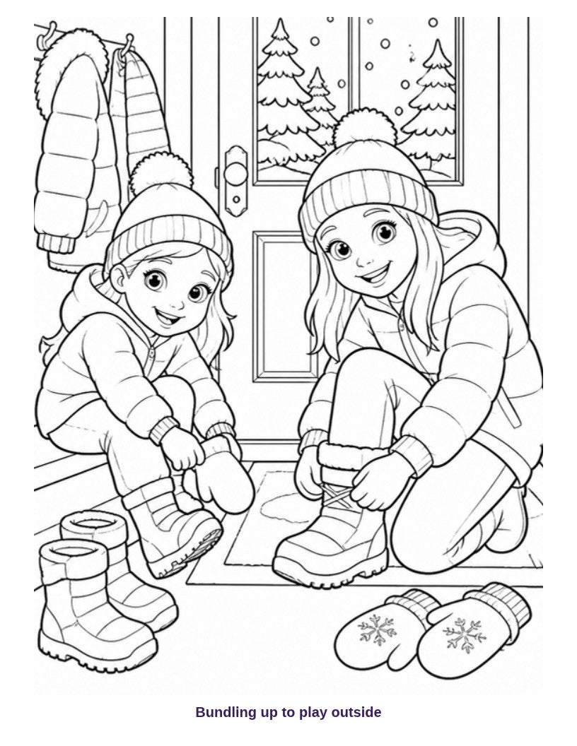 Coloring page: sisters putting on snow boots