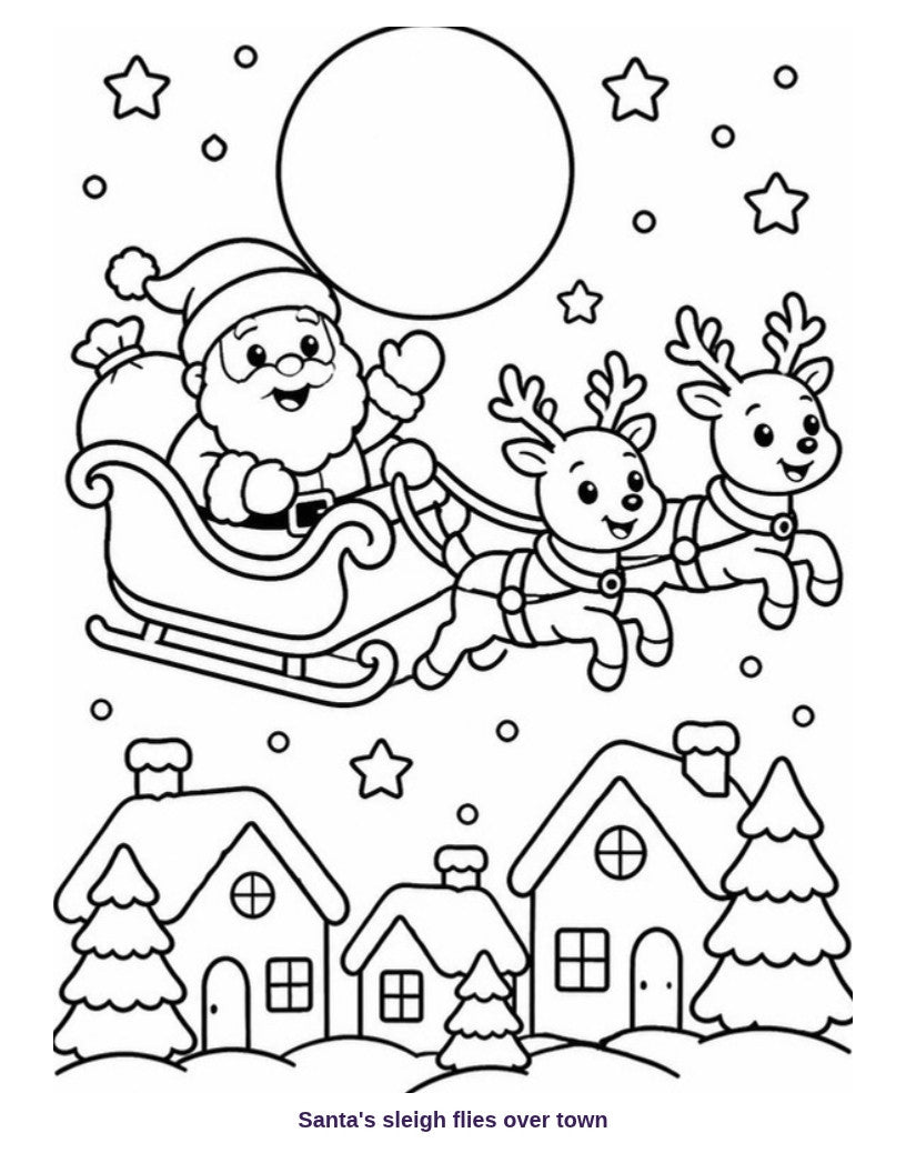 Coloring page: Santa's sleigh over town
