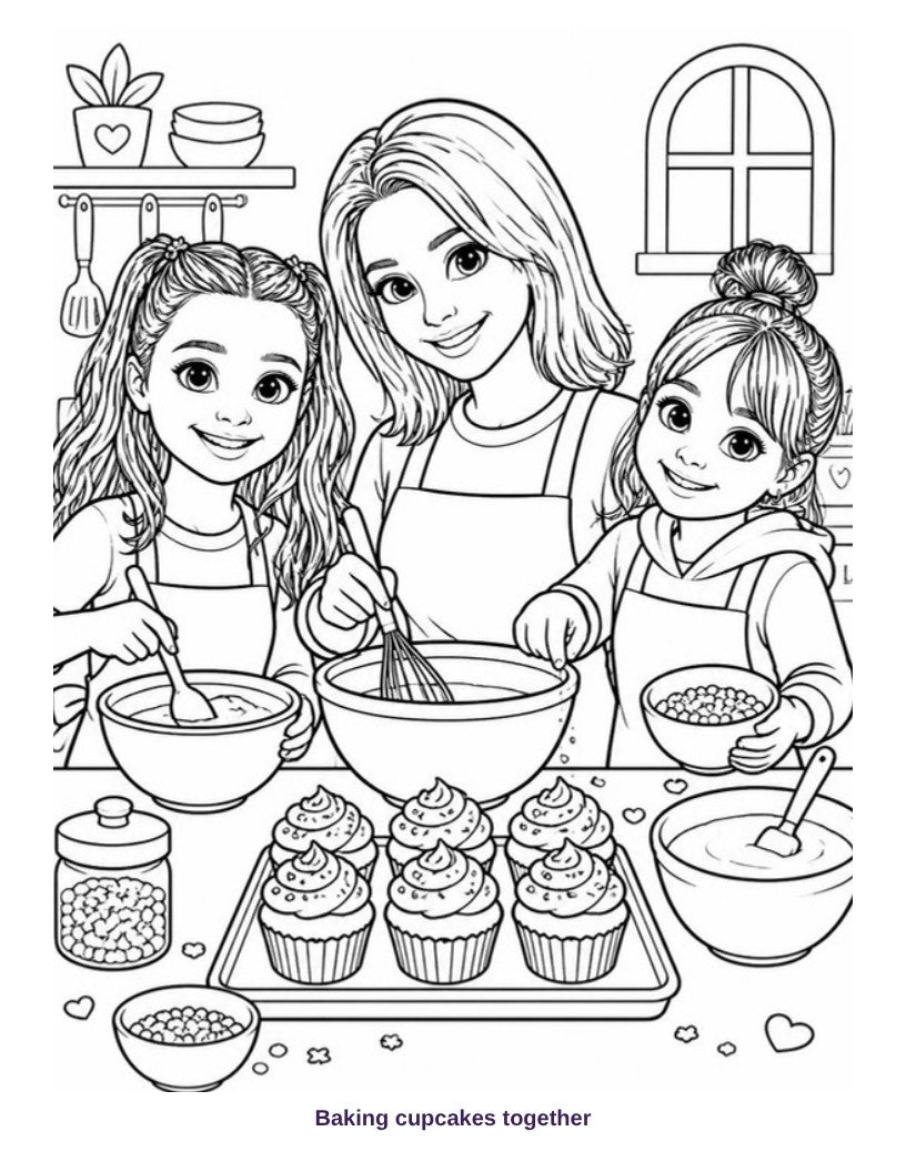 Coloring page: Baking cupcakes together
