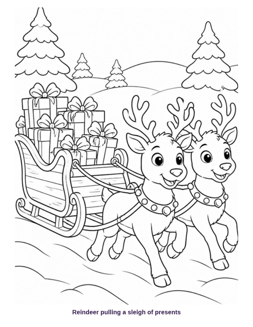 Coloring page: reindeer pulling a sleigh of presents
