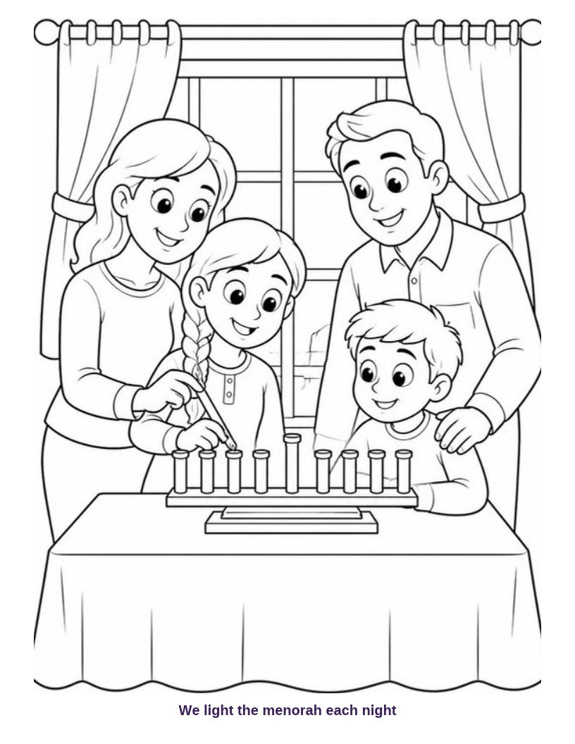 Coloring page: family lighting the menorah