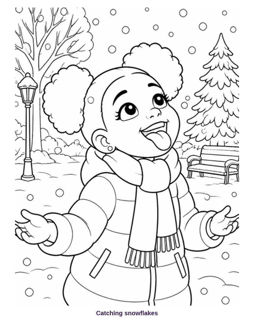 Coloring page: girl catching snowflakes