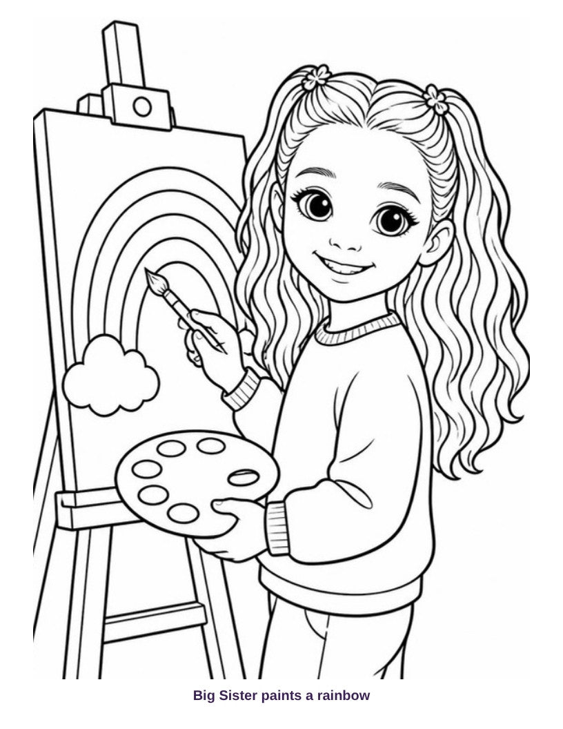 Coloring page: Big Sister paints a rainbow