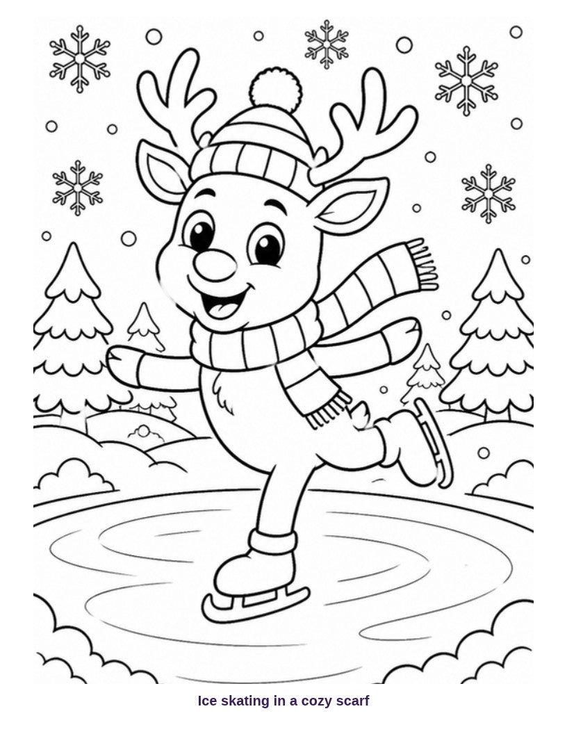 Coloring page: reindeer ice skating