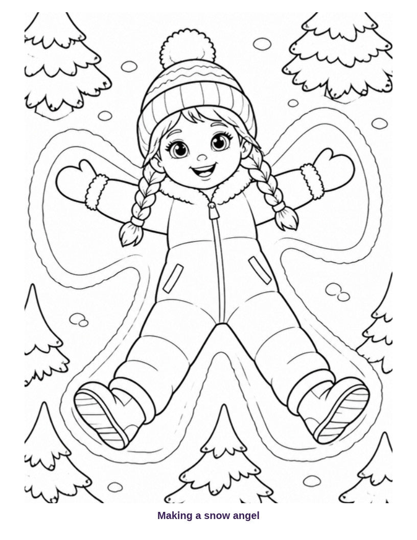 Coloring page: girl making a snow angel
