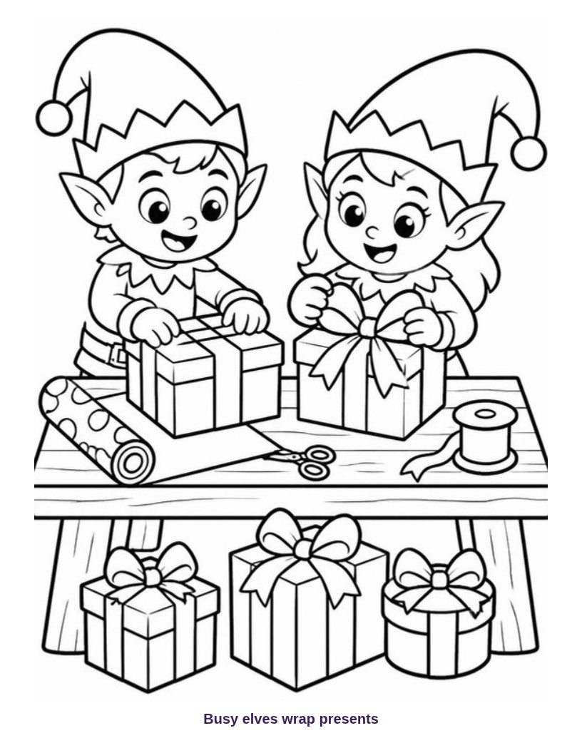 Coloring page: elves wrapping presents