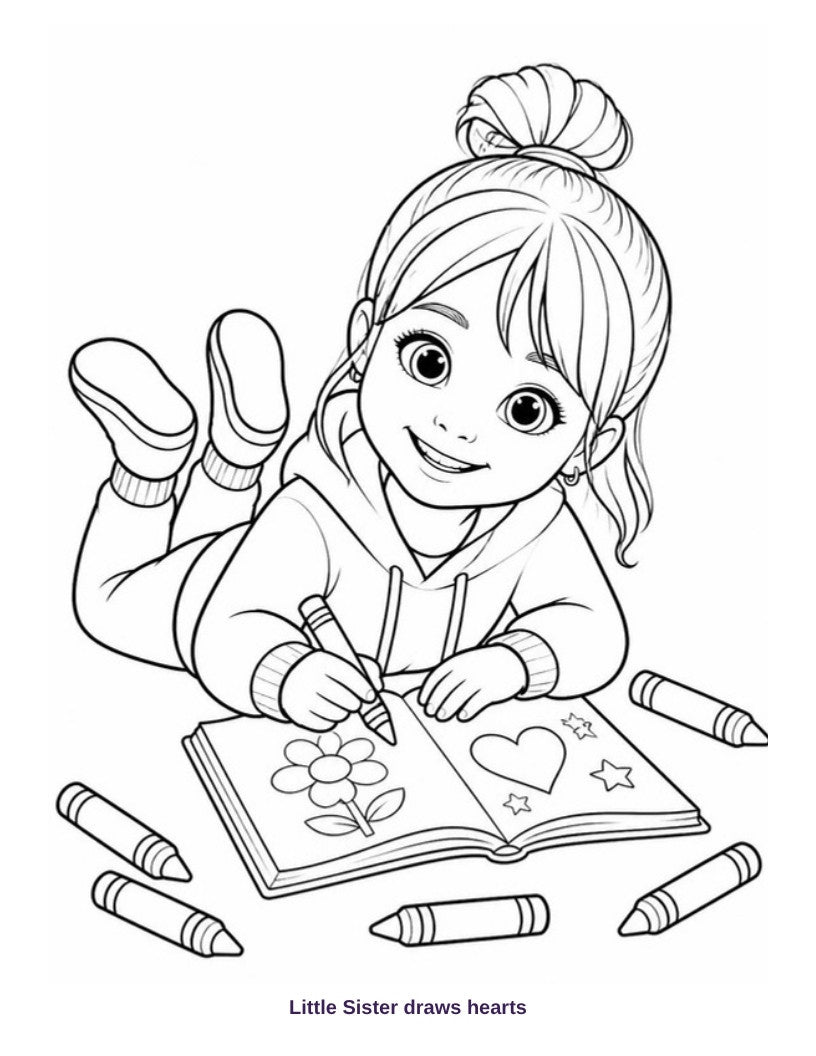 Coloring page: Little Sister draws hearts