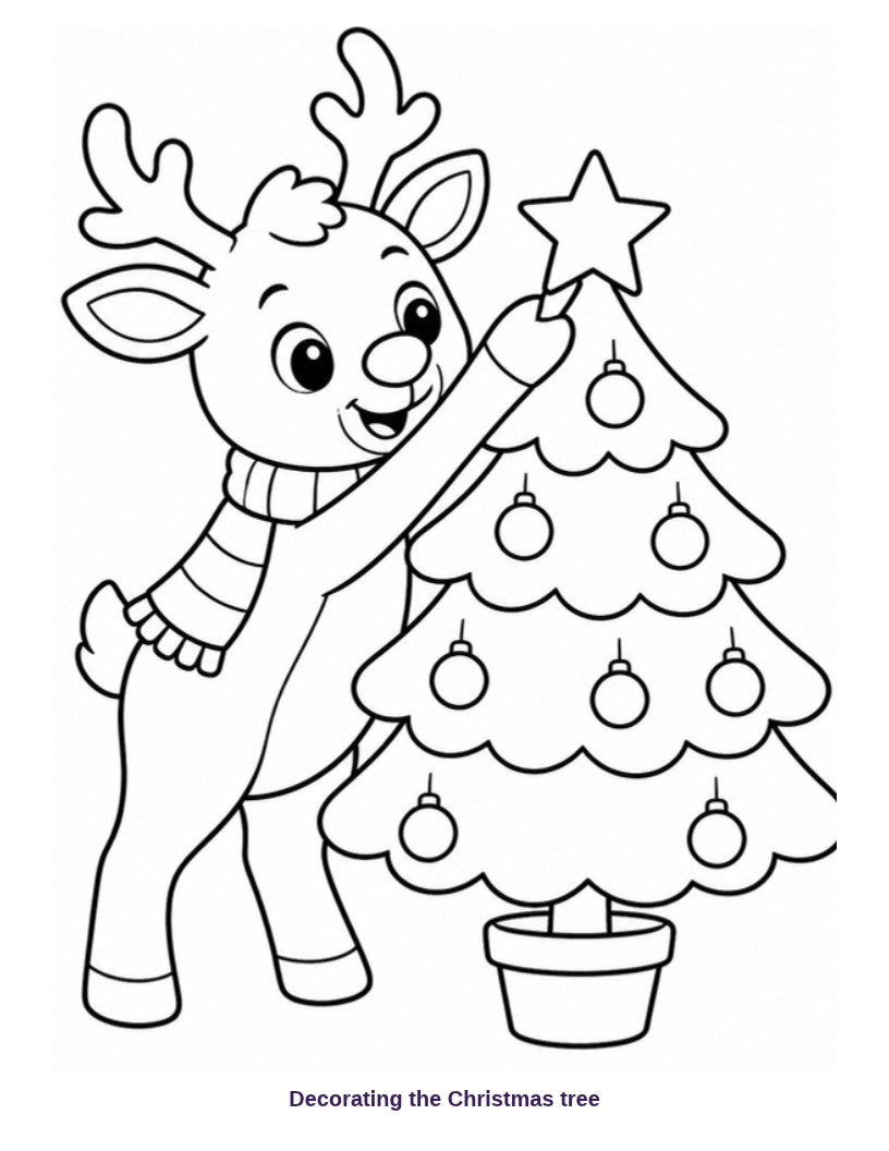 Coloring page: reindeer decorating the Christmas tree