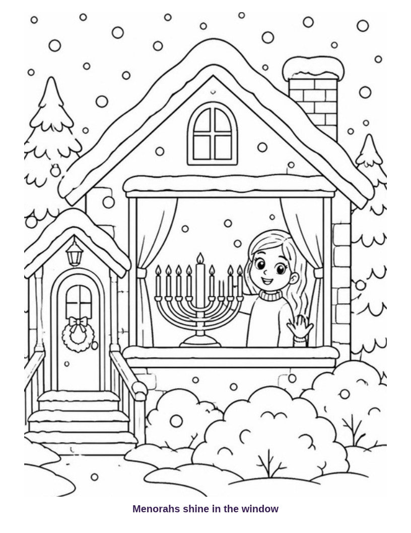 Coloring page: menorah in a snowy window