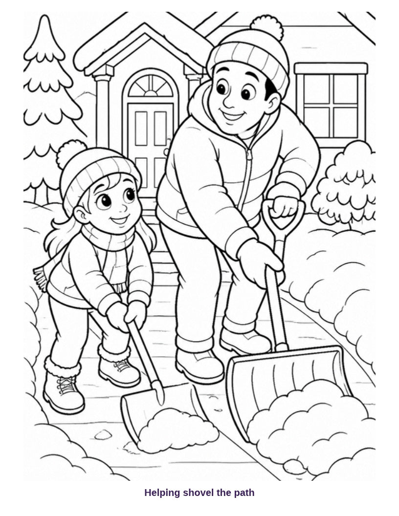 Coloring page: girl helping shovel snow