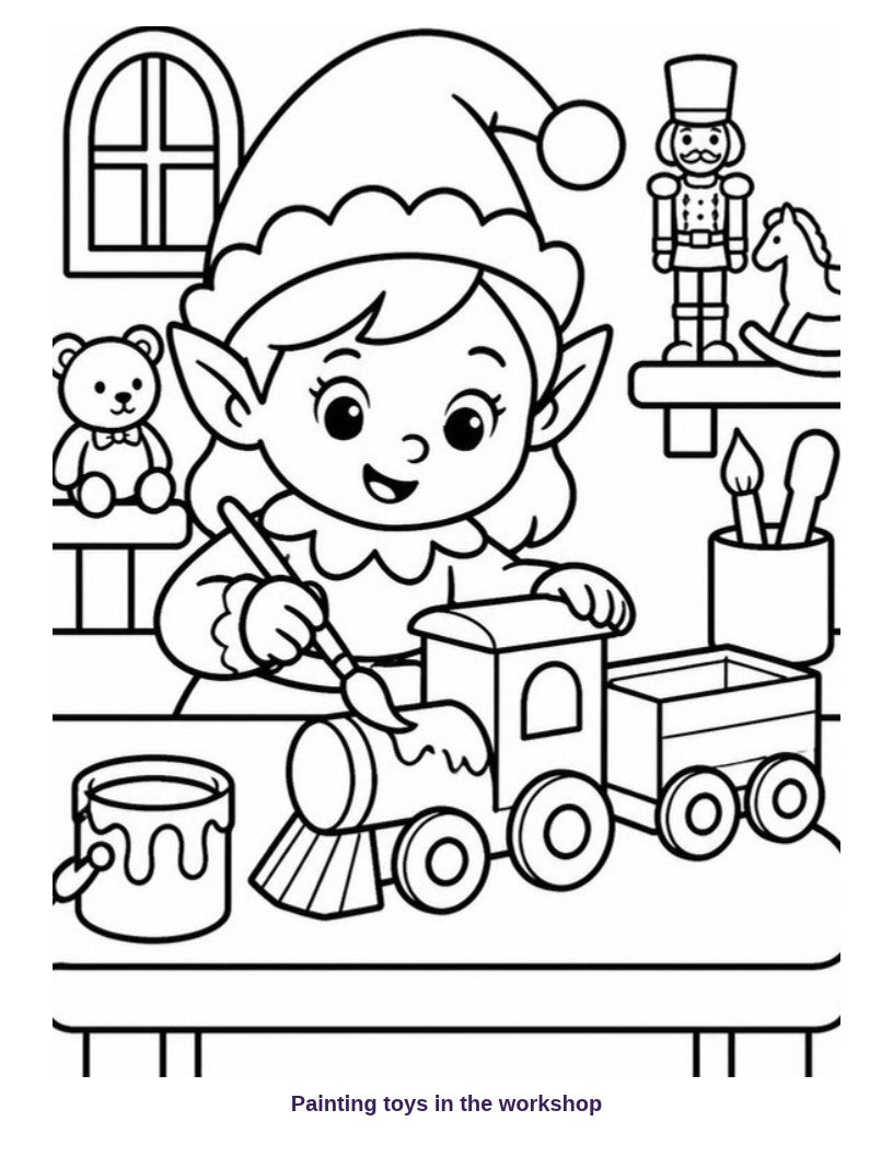 Coloring page: elf painting a toy train