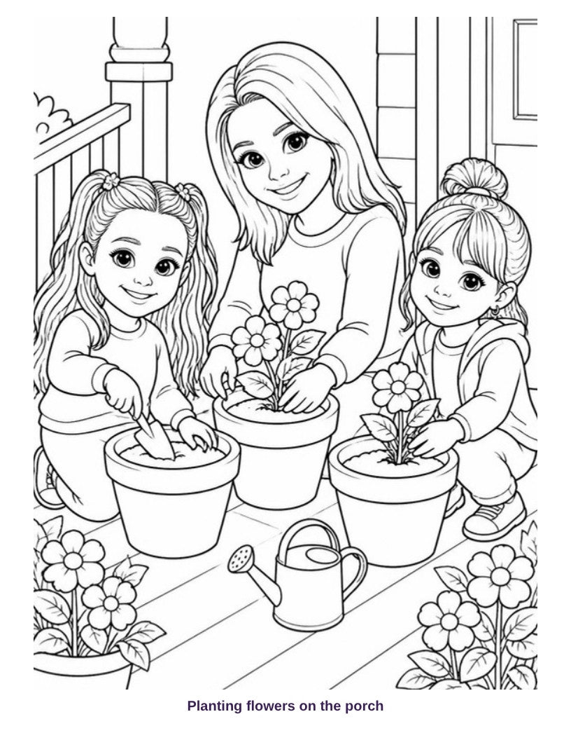 Coloring page: Planting flowers on the porch