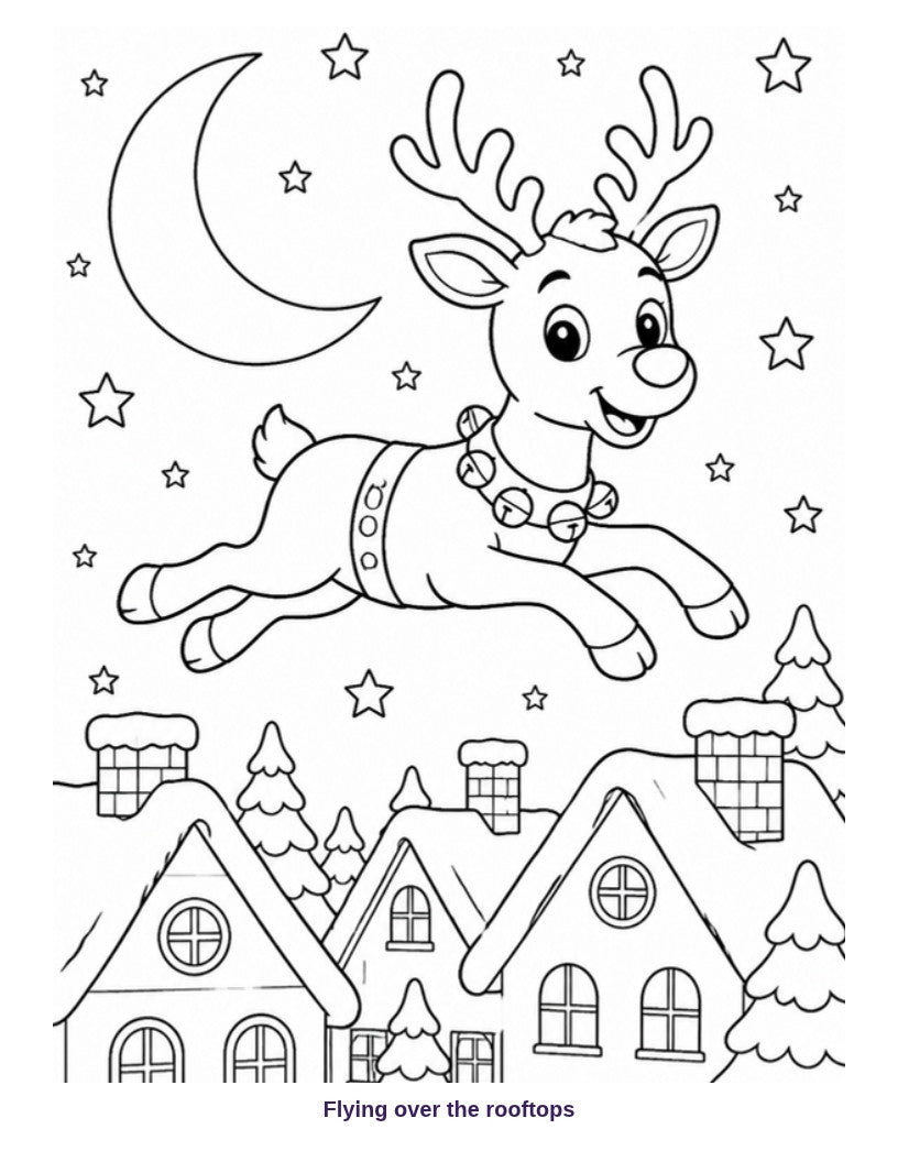 Coloring page: reindeer flying over the rooftops