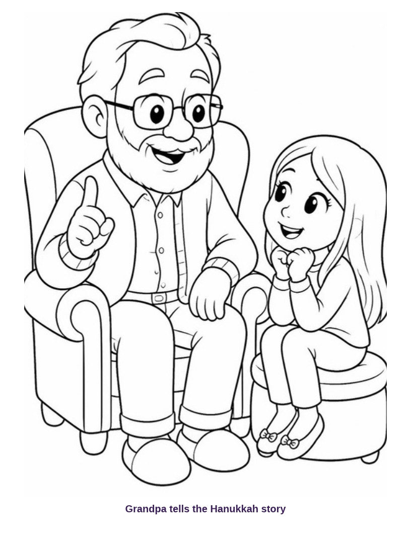 Coloring page: Grandpa tells the Hanukkah story