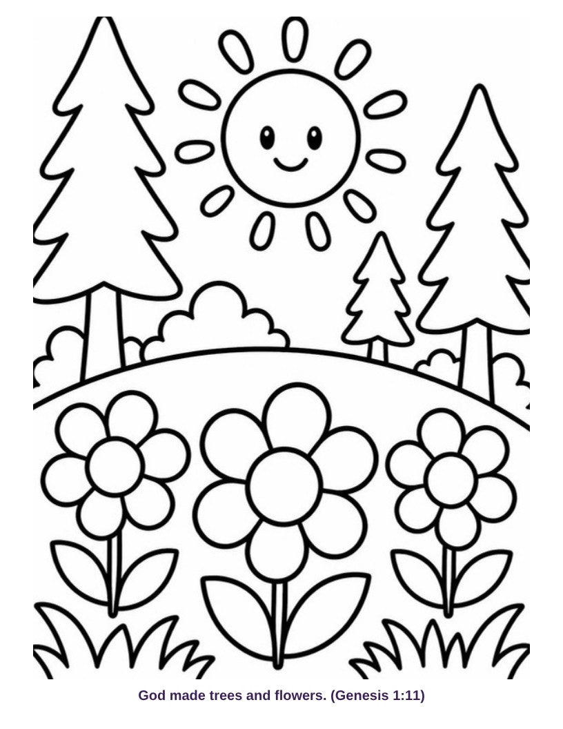 Coloring page: God made trees and flowers