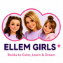 ELLEM GIRLS logo: a mom and two daughters in animated style, Books to Color, Learn & Dream