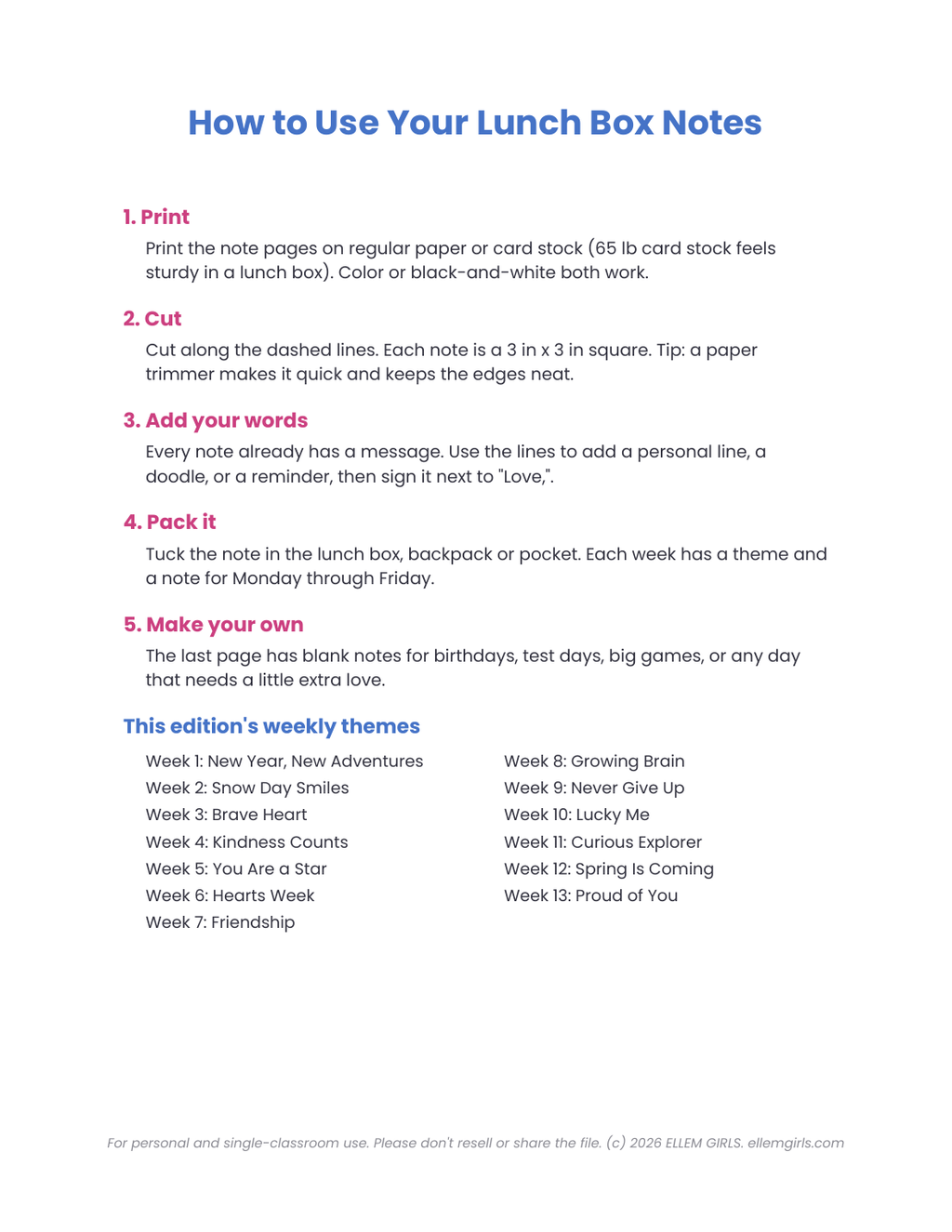Lunch Box Notes: Winter Edition (January - March) - Printable Notes from Mom or Dad