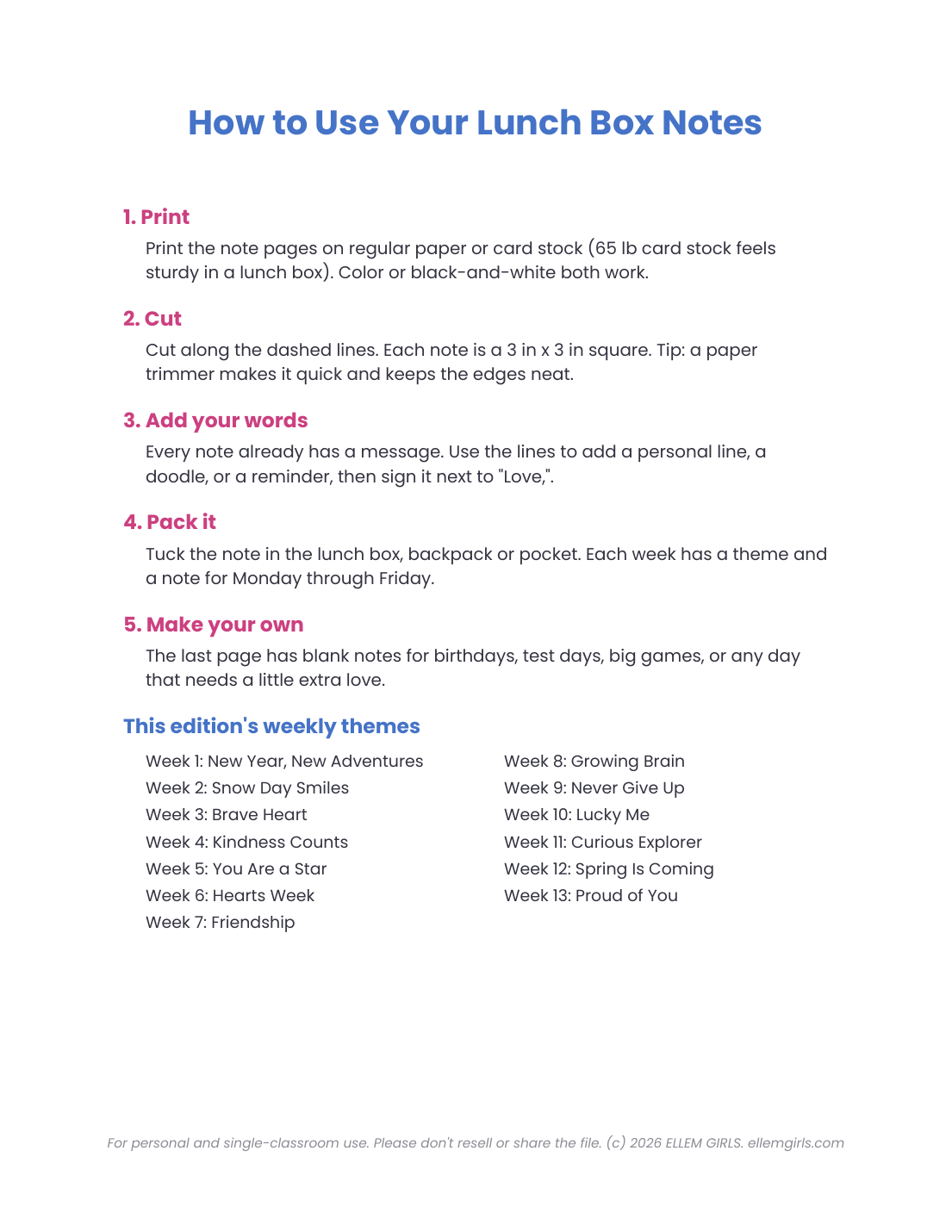 Lunch Box Notes: Winter Edition (January - March) - Printable Notes from Mom or Dad