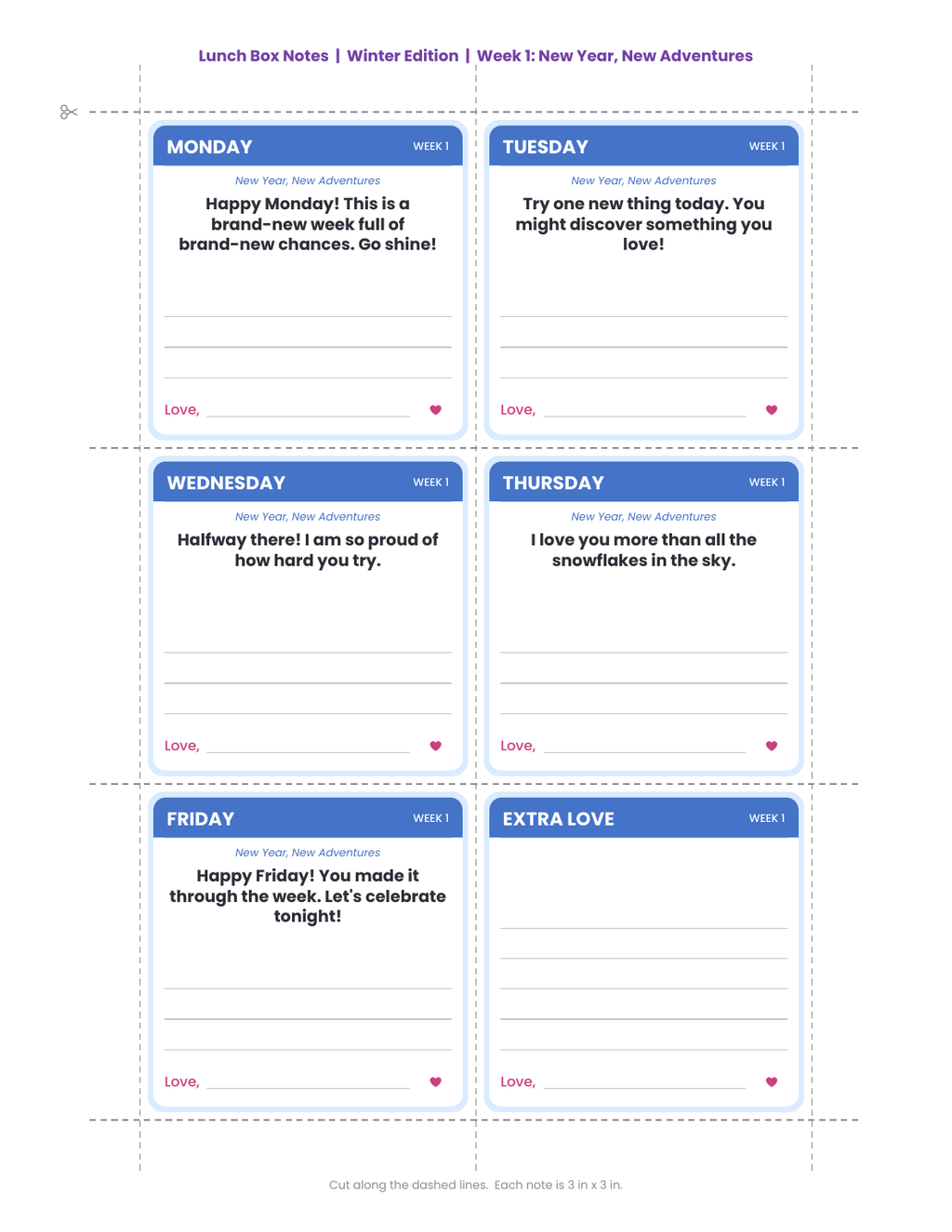 Lunch Box Notes: Winter Edition (January - March) - Printable Notes from Mom or Dad