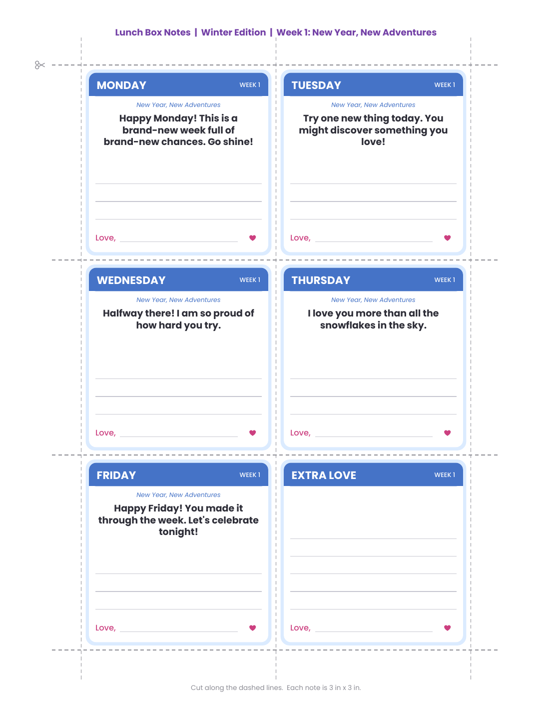 Lunch Box Notes: Winter Edition (January - March) - Printable Notes from Mom or Dad