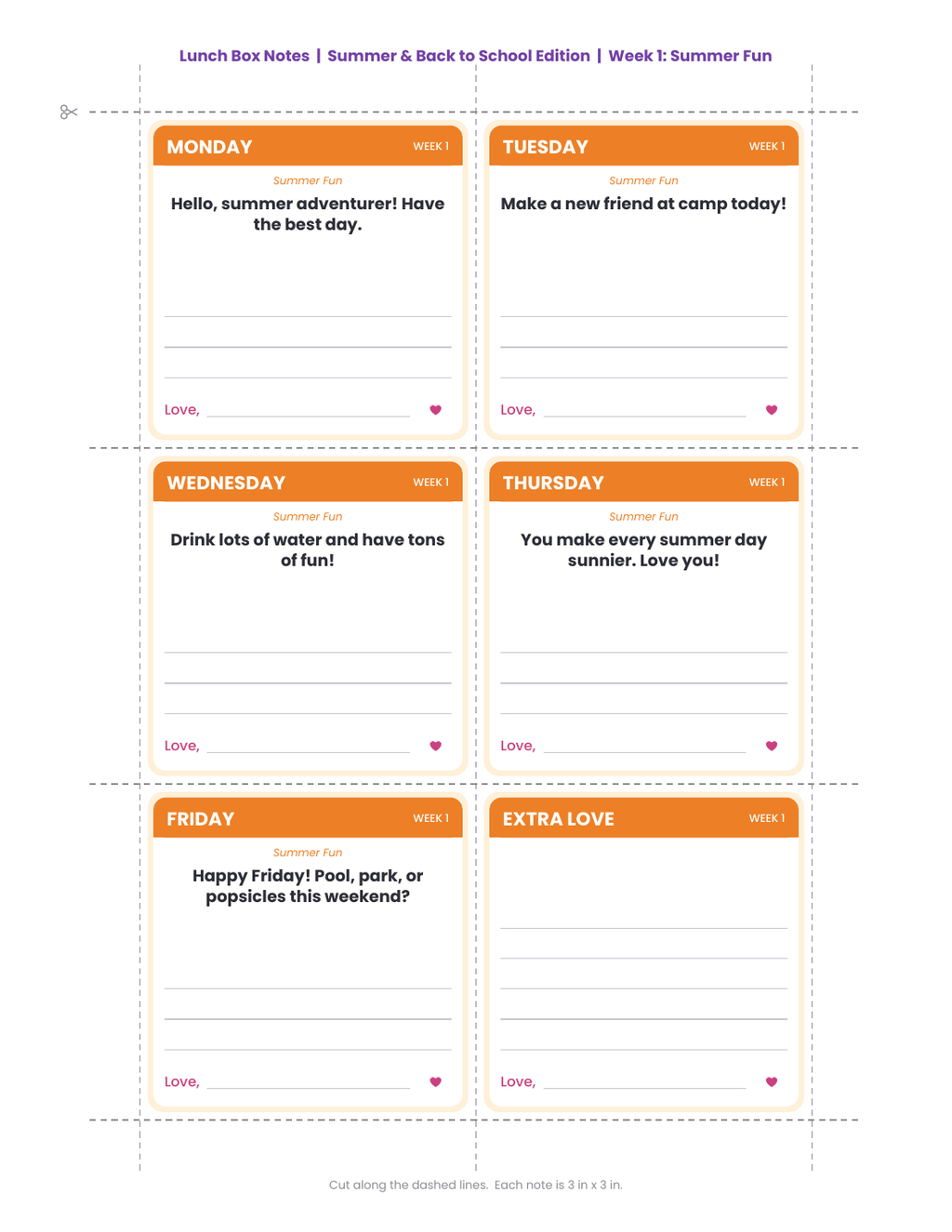 Lunch Box Notes: Summer & Back to School Edition (July - September) - Printable Notes from Mom or Dad