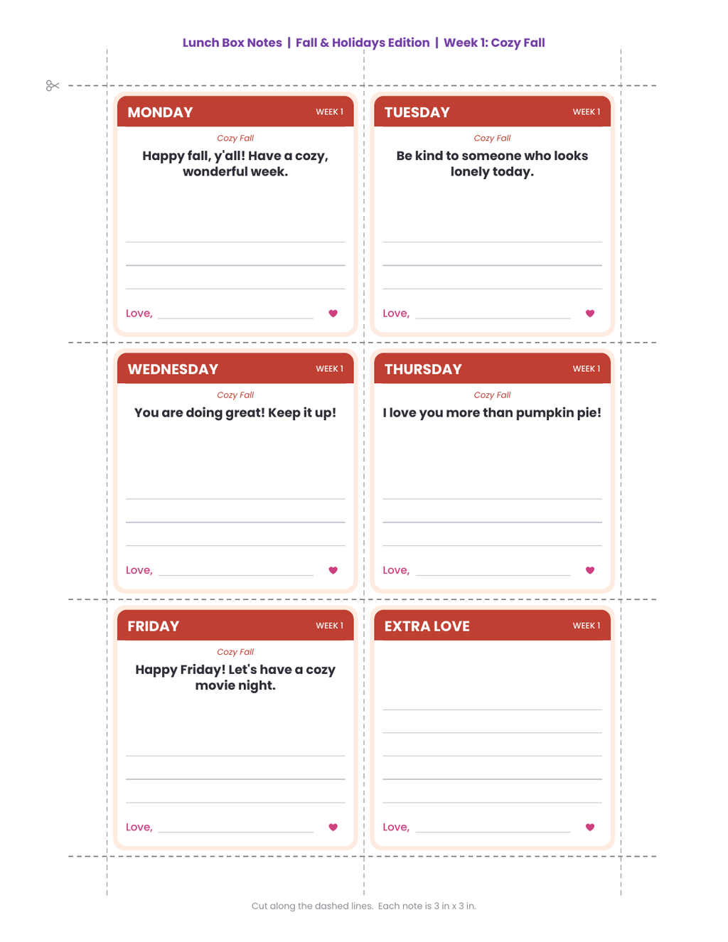 Lunch Box Notes: Fall & Holidays Edition (October - December) - Printable Notes from Mom or Dad