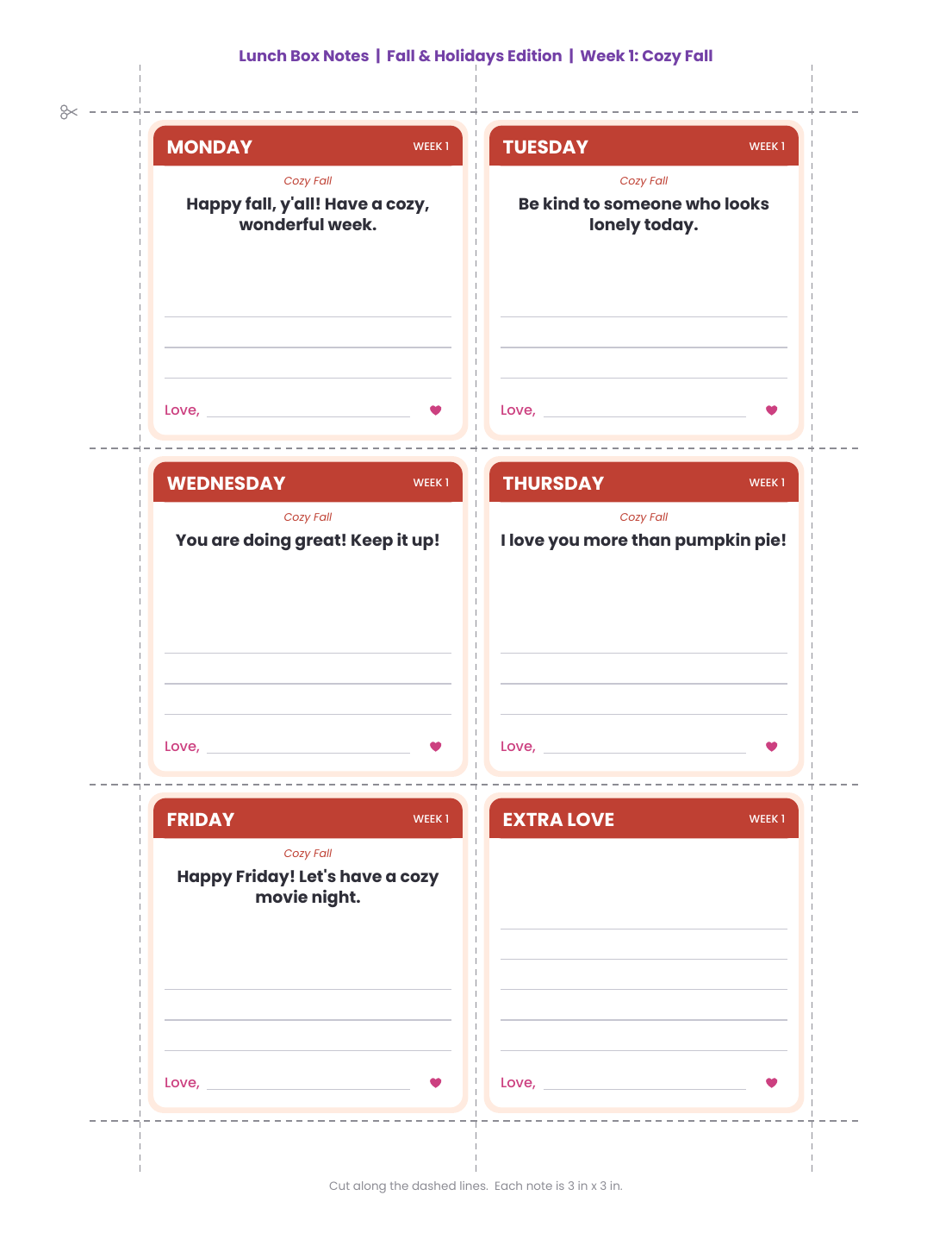 Lunch Box Notes: Fall & Holidays Edition (October - December) - Printable Notes from Mom or Dad