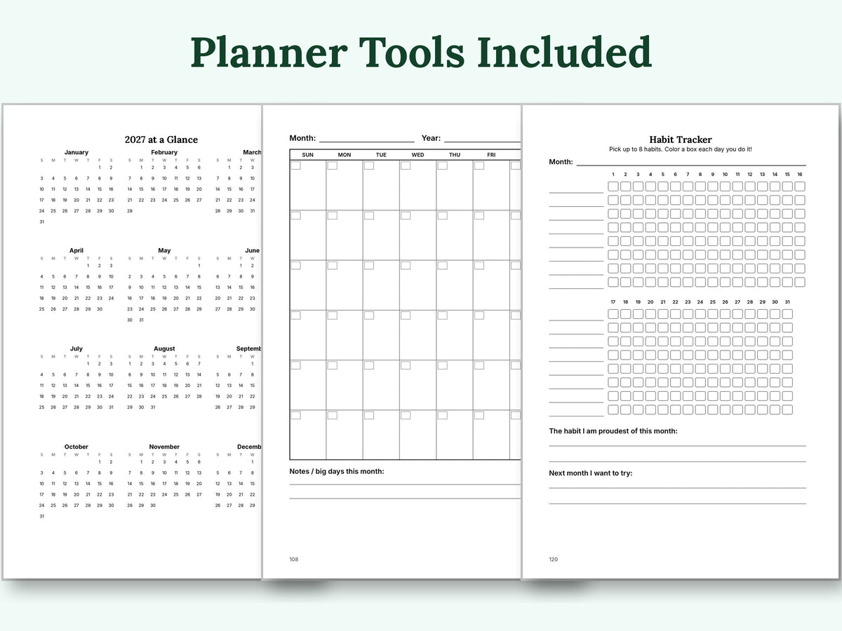 Planner tools: 2027 calendar, monthly calendar and habit tracker