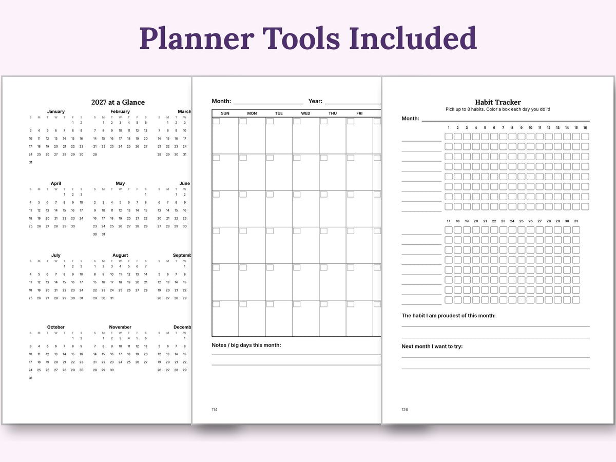 Planner tools: 2027 calendar, monthly calendar and habit tracker