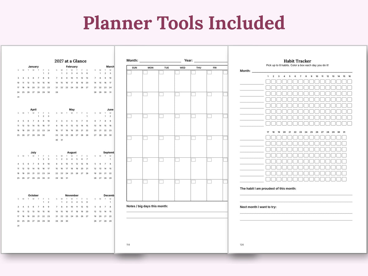Planner tools: 2027 calendar, monthly calendar and habit tracker