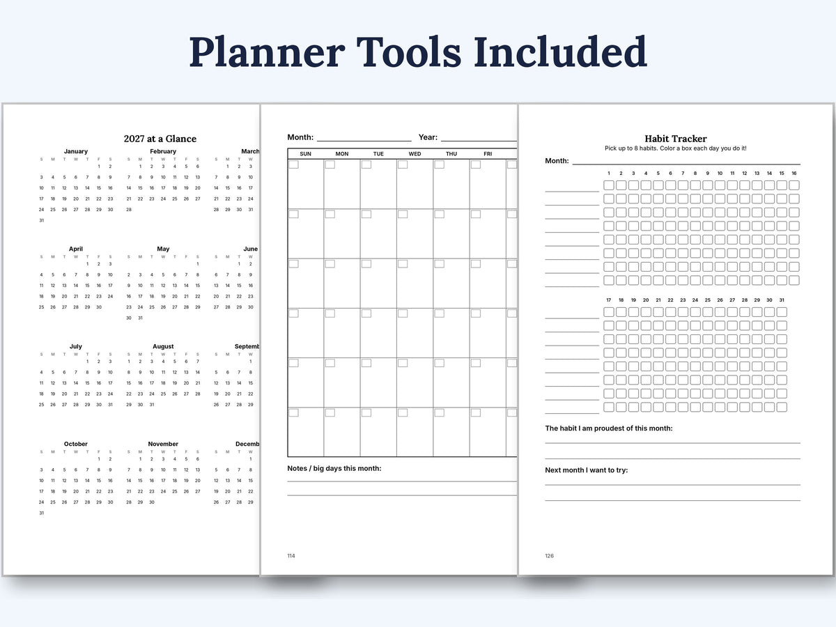 Planner tools: 2027 calendar, monthly calendar and habit tracker