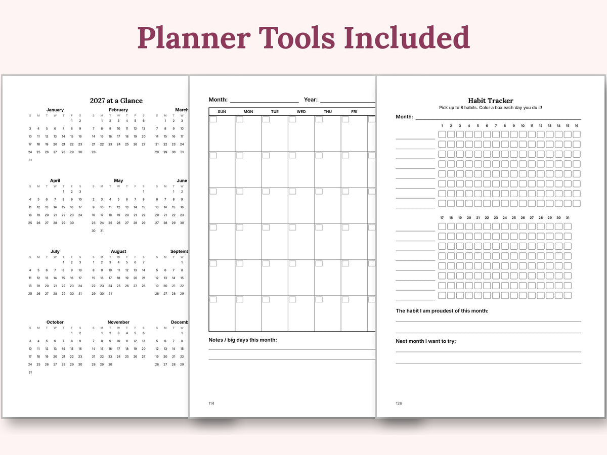 Planner tools: 2027 calendar, monthly calendar and habit tracker