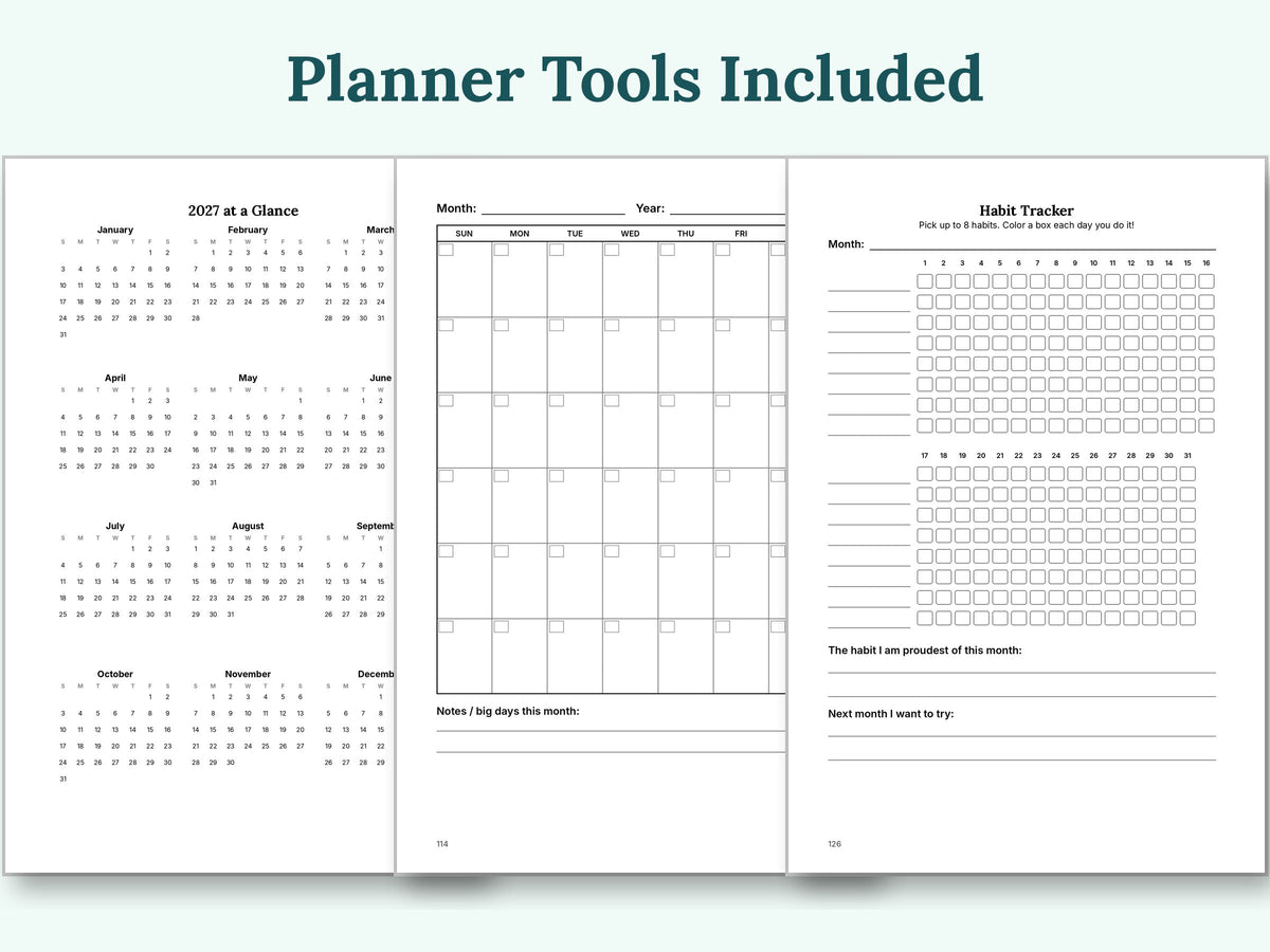 Planner tools: 2027 calendar, monthly calendar and habit tracker