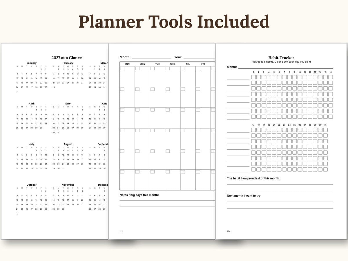 Planner tools: 2027 calendar, monthly calendar and habit tracker