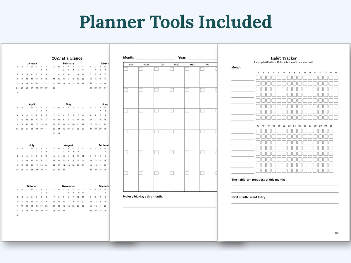 Planner tools: 2027 calendar, monthly calendar and habit tracker