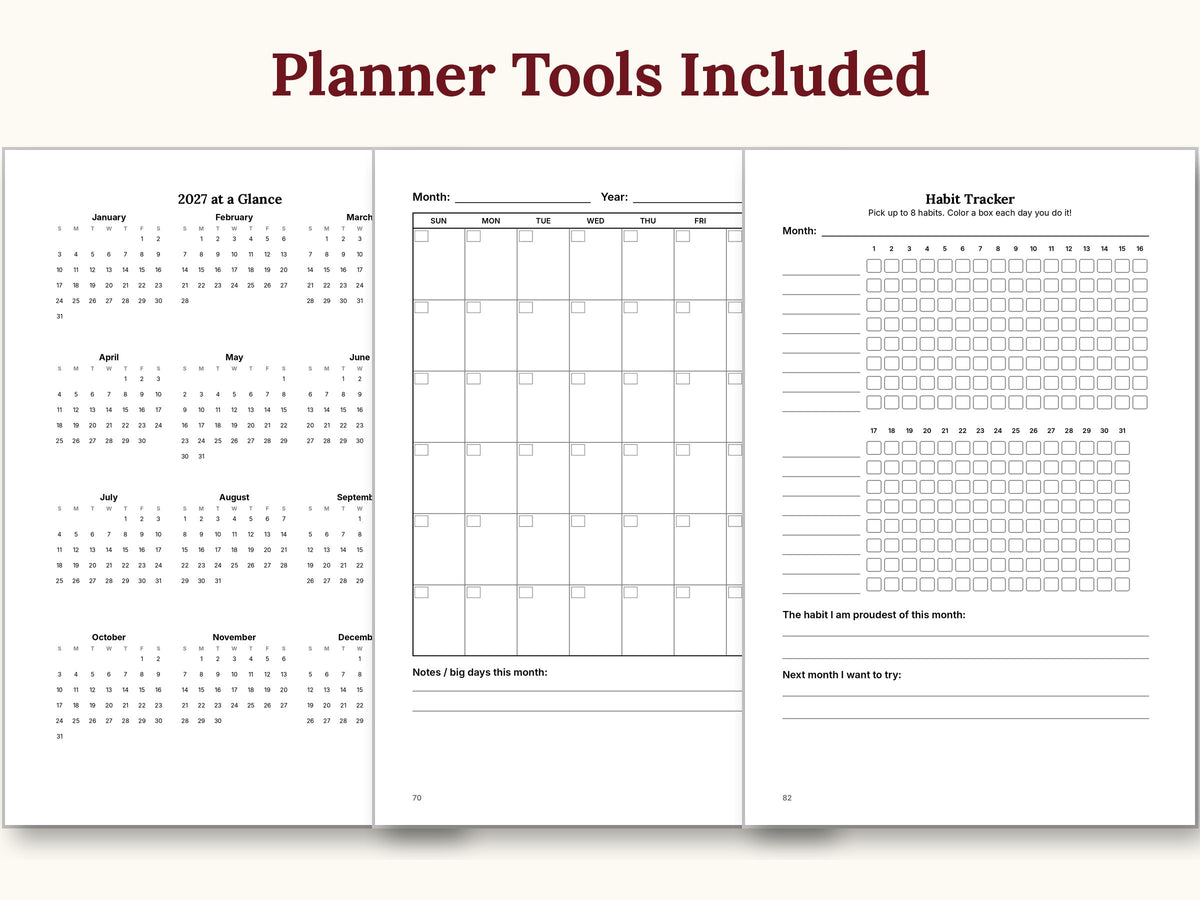 Planner tools: 2027 calendar, monthly calendar and habit tracker
