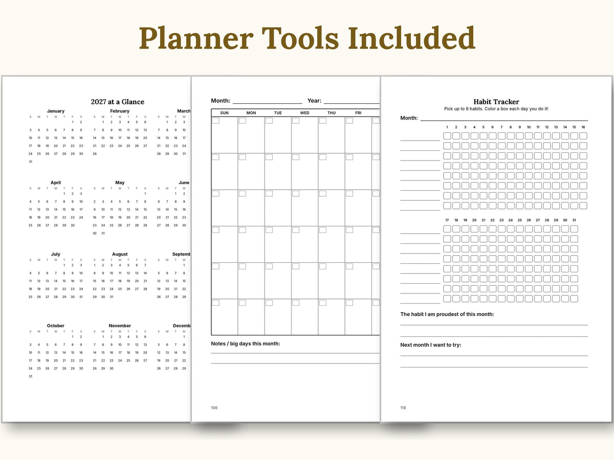 Planner tools: 2027 calendar, monthly calendar and habit tracker
