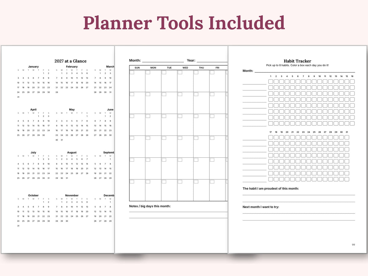 Planner tools: 2027 calendar, monthly calendar and habit tracker