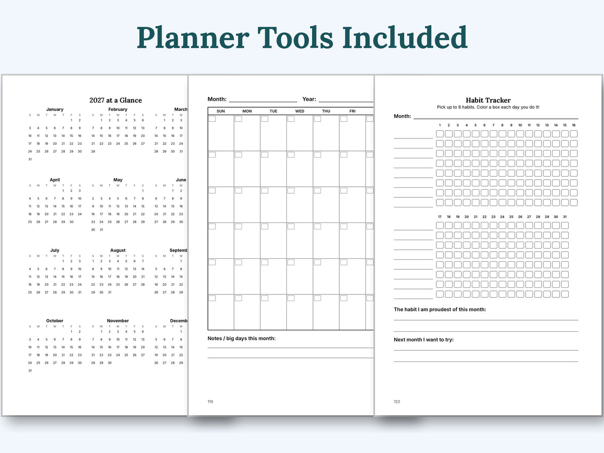 Planner tools: 2027 calendar, monthly calendar and habit tracker